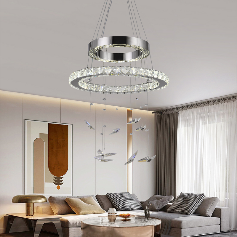 Lustra LED suspendata cu telecomanda si cristal 37W, 2 Cercuri, lumina Rece/Calda/Neutra, Dimabila, Crom Lucios, Inaltime Reglabila