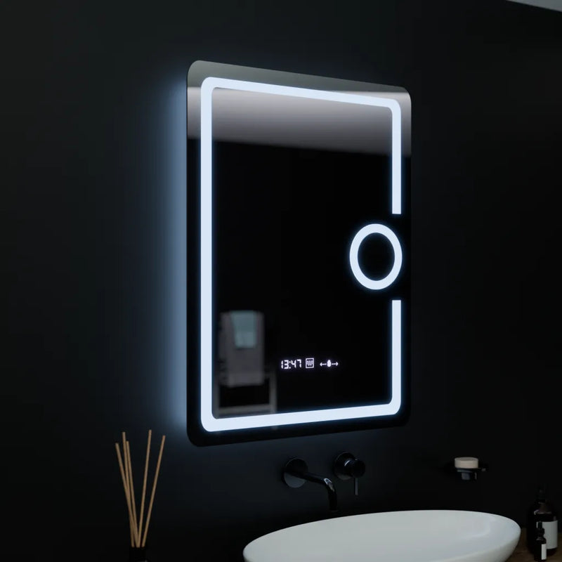 Oglinda LED Rectangulara, 60x80cm, Eclat MotionGlow Marcello, Ceas & Termometru, Sistem Dezaburire, Lupa Cosmetica, Dimabila