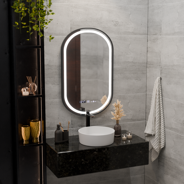 Oglinda LED Senzor Helmut Sistem Dezaburire, Ceas si Temperatura 50x80 cm Rama Negru Brushed Marcello Funghi