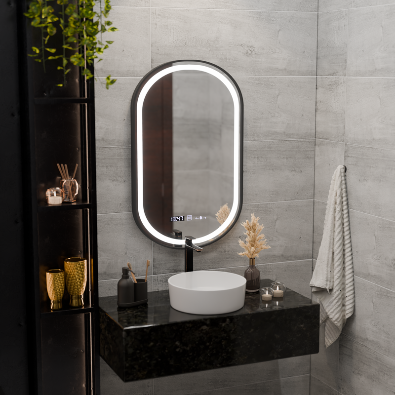 Oglinda LED Senzor Helmut Sistem Dezaburire, Ceas si Temperatura 50x80 cm Rama Negru Brushed Marcello Funghi