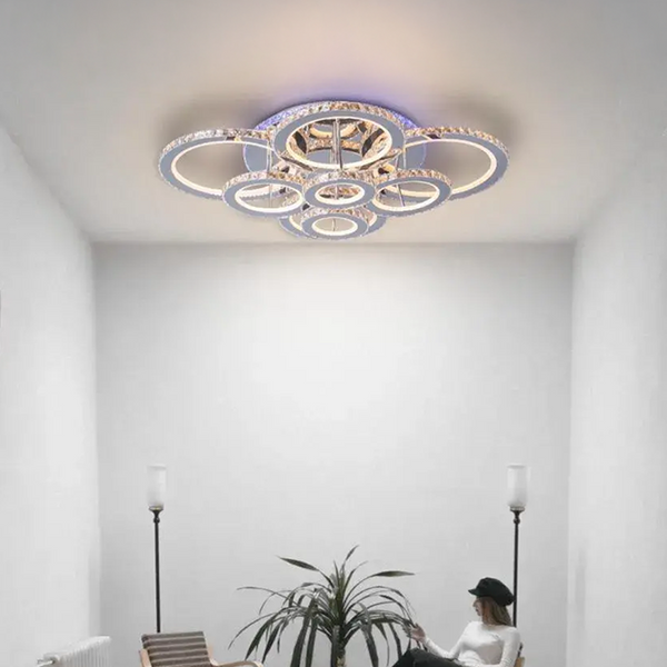 Lustra LED cu telecomanda si cristal LIA RGB 182W, 8 Cercuri, lumina Rece/Calda/Neutra, Dimabila, Alb Crom Lucios