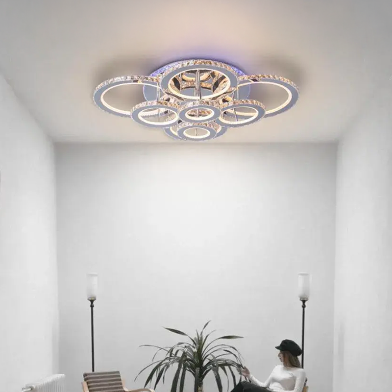 Lustra LED cu telecomanda si cristal LIA RGB 182W, 8 Cercuri, lumina Rece/Calda/Neutra, Dimabila, Alb Crom Lucios