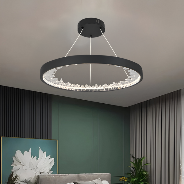 Lustra LED suspendata cu telecomanda, Cristale K9, 44W, 1 Cerc, lumina Rece/Calda/Neutra, Dimabila, Negru, Inaltime Reglabila