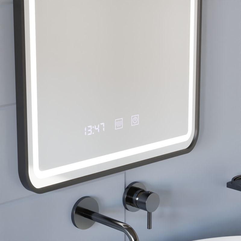 Oglinda LED Touch Gerhard Sistem Dezaburire, Ceas si Temperatura 60x80 cm Rama Negru Brushed