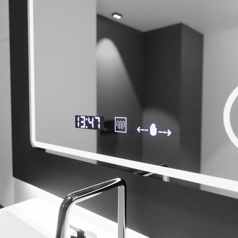 Oglinda LED Rectangulara, 90x75cm, Riflesso MotionGlow Marcello, Sistem Dezaburire, Ceas & Termometru, Lupa Cosmetica, Dimabila