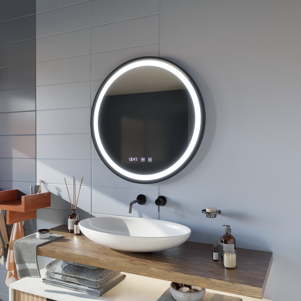Oglinda LED Touch Hans Sistem Dezaburire, Ceas si Temperatura 60 cm Rama Negru Brushed