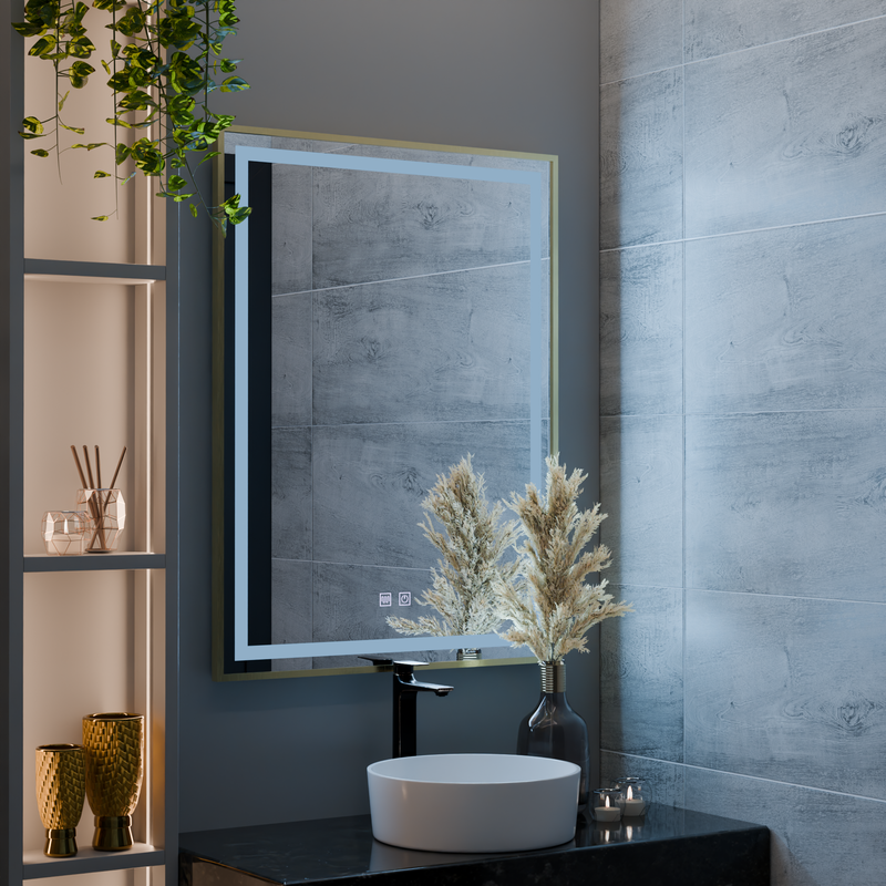 Oglinda LED RAYNA Touch, 60x80 cm, functie Dezaburire, Rama Auriu Brushed