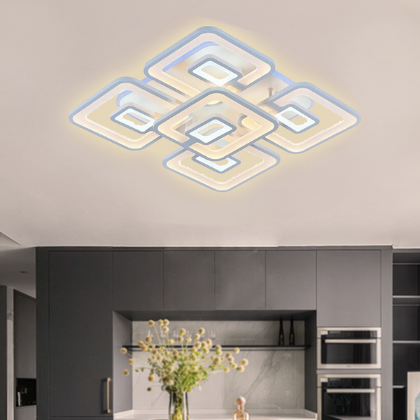 Lustra LED cu telecomanda FELIX 107W, 5 Patrate, lumina Rece/Calda/Neutra, Dimabila, Alb
