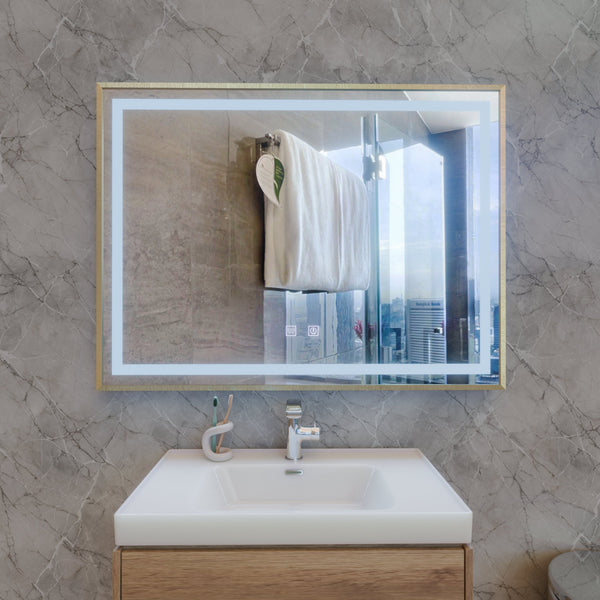 Oglinda LED Touch Kalahiri, 80x60 cm, functie Dezaburire, Rama Auriu Brushed