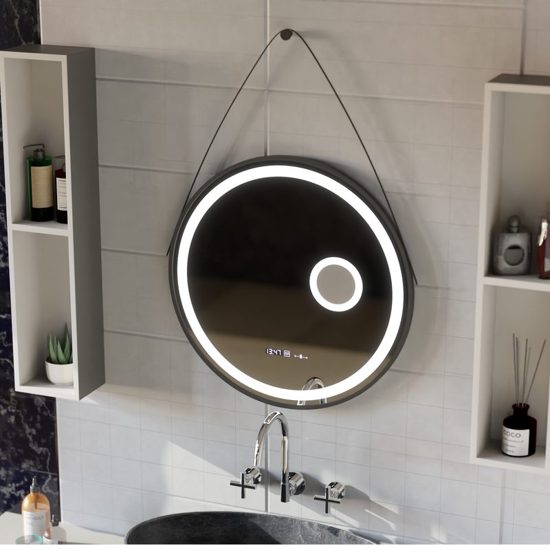 Oglinda LED Rotunda, 60cm, Micah Senzor MotionGlow Marcello, Sistem Dezaburire, Ceas & Termometru, Lupa Cosmetica, Dimabila