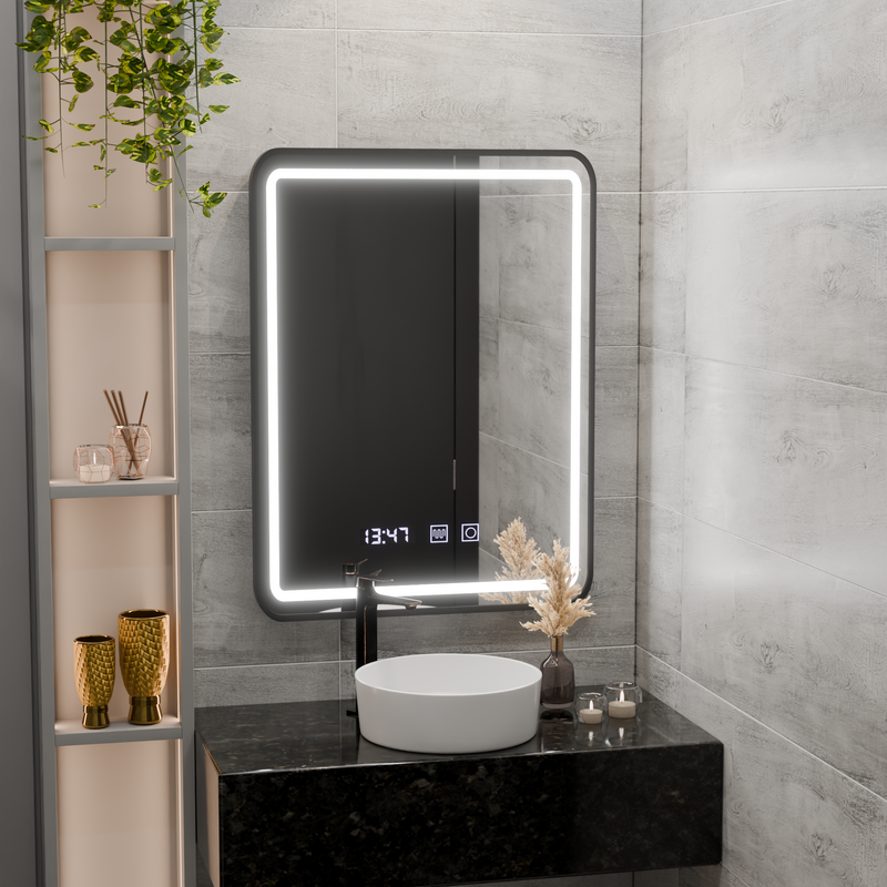 Oglinda LED Touch Karl Sistem Dezaburire, Ceas si Temperatura 50x70 cm Rama Negru Brushed