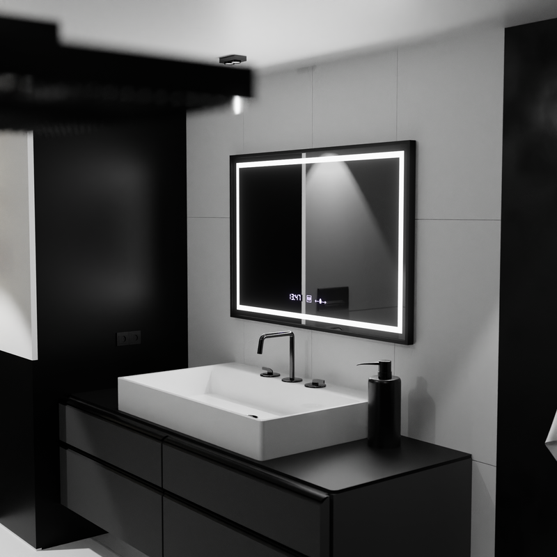 Oglinda LED Rectangulara, 120x80cm, Raggio Motion Glow Marcello, Sistem Dezaburire, Termometru si Ceas, Dimabila