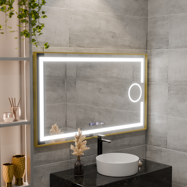 Oglinda LED Rectangulara, 110x65cm, Eclat MotionGlow Marcello, Sistem Dezaburire, Ceas & Termometru, Lupa Cosmetica, Dimabila, Rama Auriu Brushed