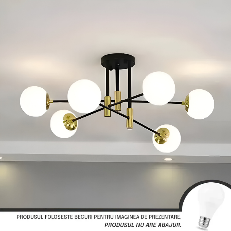 Lustra cu Abajur Alb Rotund, PENTHOUSE Lounge, 6xE27, Negru / Auriu, Metal