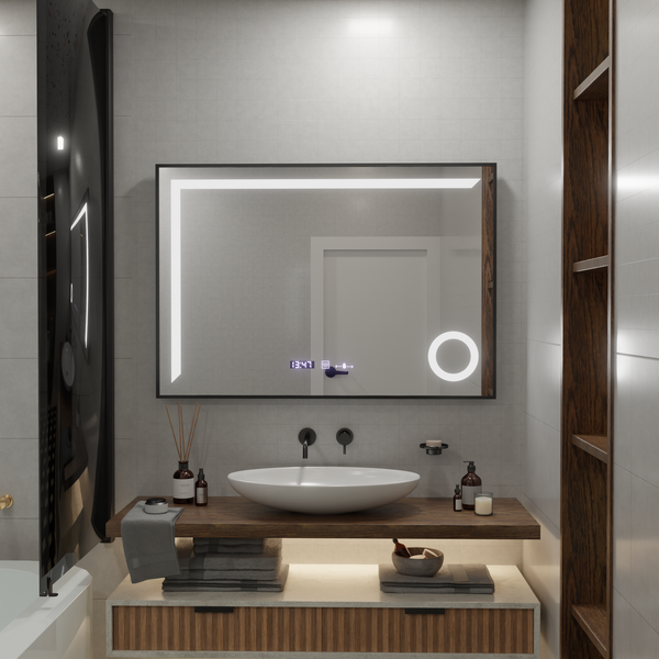 Oglinda LED Senzor MotionGlow Sofia cu functie Dezaburire Termometru Ceas 110x65 cm Lumina Calda/Rece/Neutra Dimabila, Rama Rose Gold Brushed, Colectia Marcello Funghi