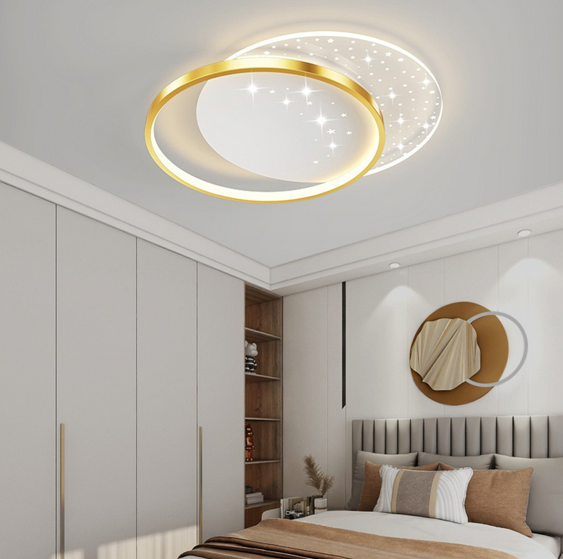 Lustra LED cu telecomanda LUNARO 110W, 2 Cercuri, lumina Rece/Calda/Neutra, Dimabila, Auriu Alb