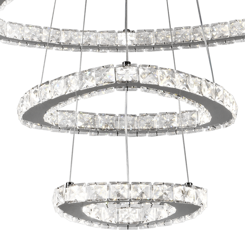 Lustra LED suspendata cu telecomanda si cristal PRISM LUMORA 63W, 3 Cercuri, lumina Rece/Calda/Neutra, Dimabila, Crom Lucios, Inaltime Reglabila