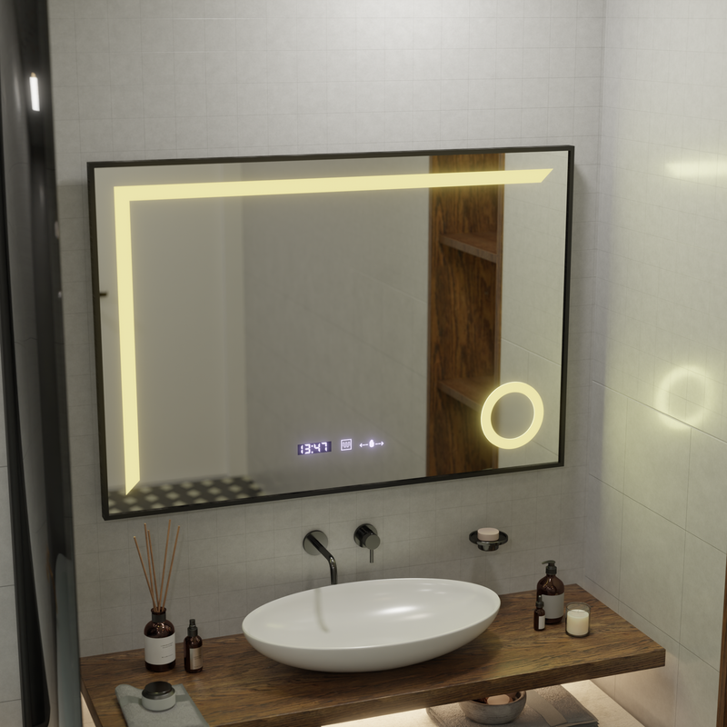 Oglinda LED Senzor MotionGlow Sofia cu functie Dezaburire Termometru Ceas 110x65 cm Lumina Calda/Rece/Neutra Dimabila, Rama Rose Gold Brushed, Colectia Marcello Funghi