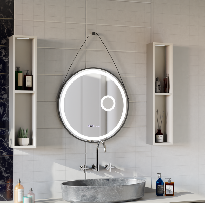 Oglinda LED Rotunda, 60cm, Micah Senzor MotionGlow Marcello, Sistem Dezaburire, Ceas & Termometru, Lupa Cosmetica, Dimabila