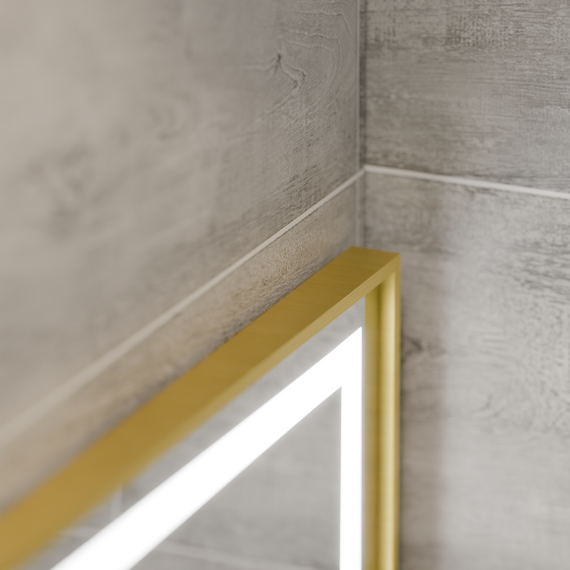 Oglinda LED Rectangulara, 110x65cm, Eclat MotionGlow Marcello, Sistem Dezaburire, Ceas & Termometru, Lupa Cosmetica, Dimabila, Rama Auriu Brushed