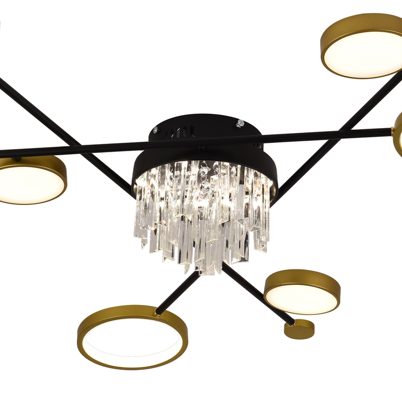 Lustra LED cu telecomanda si cristal GUIDA 38W, 6 Elemente, lumina Rece/Calda/Neutra, Dimabila, Negru Auriu