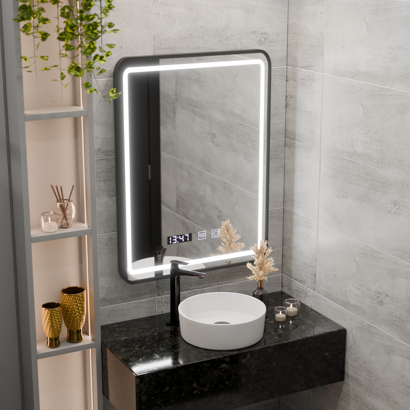 Oglinda LED Touch Karl Sistem Dezaburire, Ceas si Temperatura 50x70 cm Rama Negru Brushed