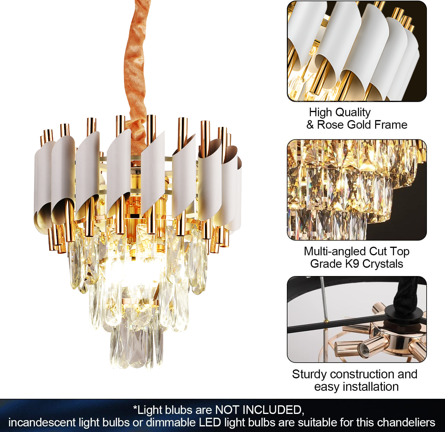 Candelabru Cristal VERSAILLES Petito 3xE14, Diametru 30cm, Auriu Lucios si Alb, Inaltime Reglabila, Metal si Cristal