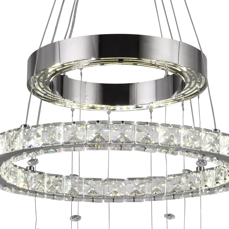 Lustra LED suspendata cu telecomanda si cristal 37W, 2 Cercuri, lumina Rece/Calda/Neutra, Dimabila, Crom Lucios, Inaltime Reglabila