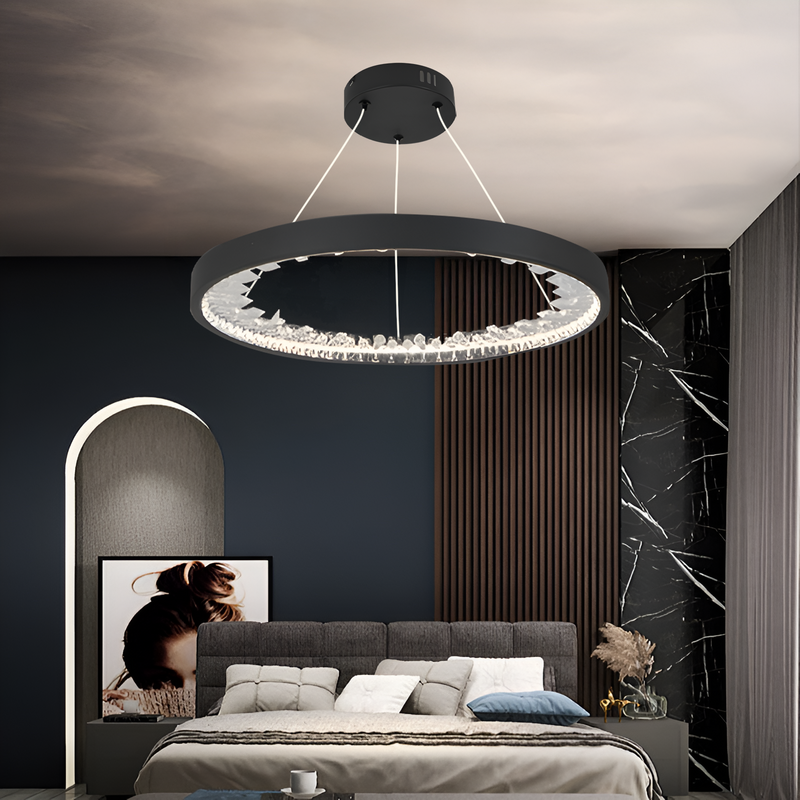 Lustra LED suspendata cu telecomanda, Cristale K9, 44W, 1 Cerc, lumina Rece/Calda/Neutra, Dimabila, Negru, Inaltime Reglabila