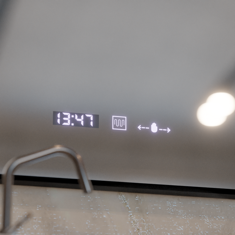 Oglinda LED Senzor MotionGlow Sofia cu functie Dezaburire Termometru Ceas 110x65 cm Lumina Calda/Rece/Neutra Dimabila, Rama Rose Gold Brushed, Colectia Marcello Funghi