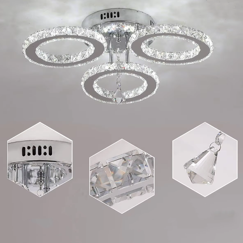 Lustra LED cu telecomanda si cristal ALANUBIS 37W, 3 Cercuri, lumina Rece/Calda/Neutra, Dimabila, Crom Lucios