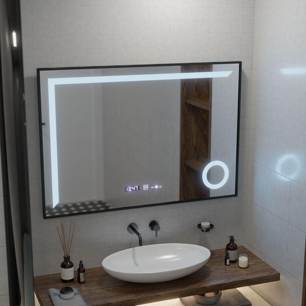 Oglinda LED Senzor MotionGlow Sofia cu functie Dezaburire Termometru Ceas 110x75 cm Lumina Calda/Rece/Neutra Dimabila,Rama Negru Brushed, Colectia Marcello Funghi