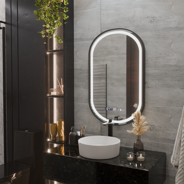 Oglinda LED Senzor Helmut Sistem Dezaburire, Ceas si Temperatura 50x90 cm Rama Negru Brushed Marcello Funghi