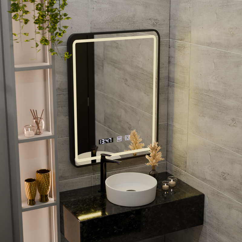 Oglinda LED Touch Karl Sistem Dezaburire, Ceas si Temperatura 50x70 cm Rama Negru Brushed