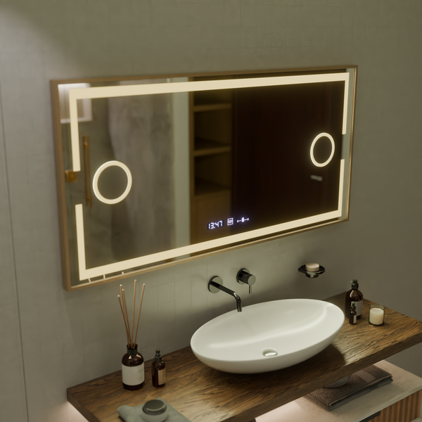 Oglinda LED Senzor MotionGlow Sofia cu functie Dezaburire Termometru Ceas 110x65 cm Lumina Calda/Rece/Neutra Dimabila,Rama Rose Gold, Colectia Marcello Funghi