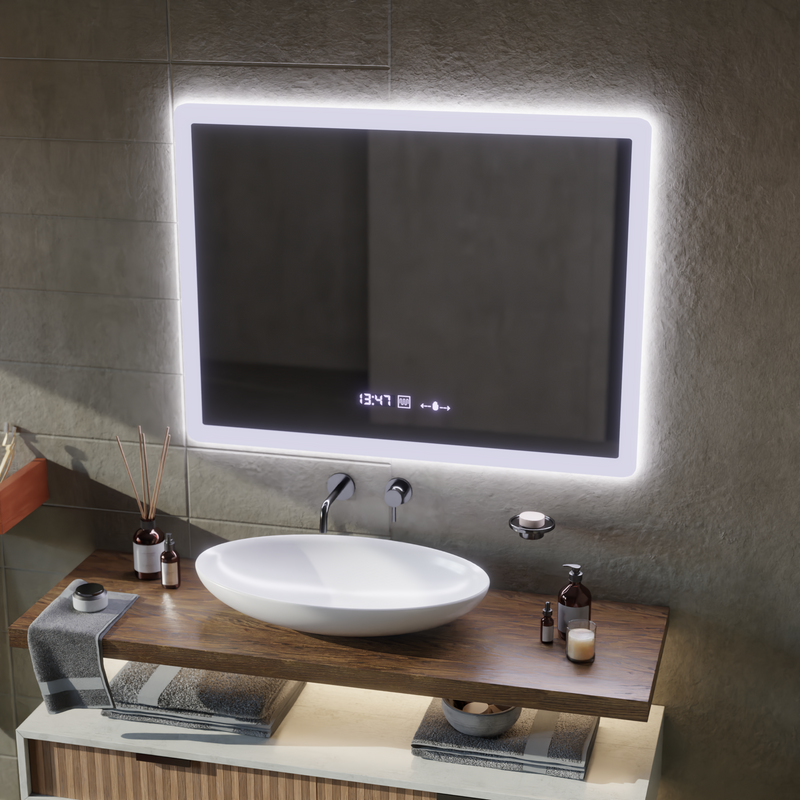 Oglinda LED Rectangulara, 80x60cm, Zampa Senzor MotionGlow Marcello, Sistem Dezaburire, Ceas & Termometru, Dimabila