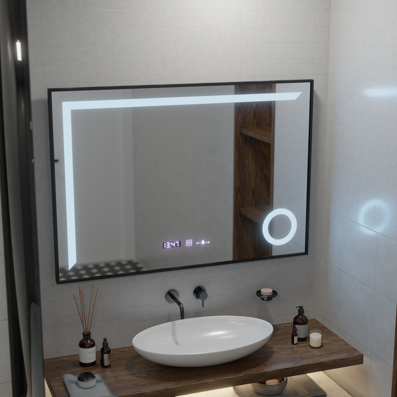 Oglinda LED Senzor MotionGlow Sofia cu functie Dezaburire Termometru Ceas 110x65 cm Lumina Calda/Rece/Neutra Dimabila, Rama Rose Gold Brushed, Colectia Marcello Funghi