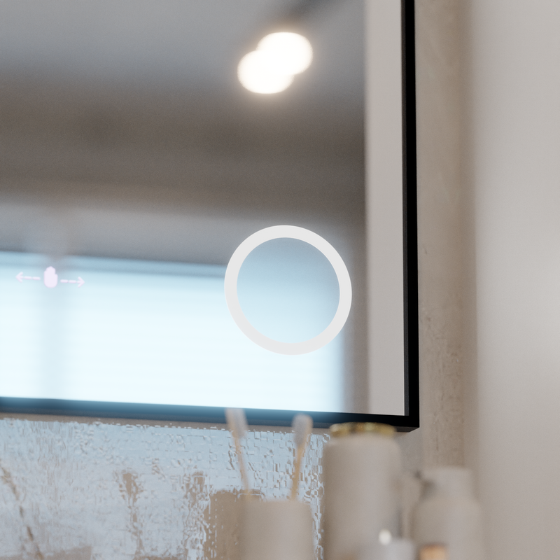 Oglinda LED Senzor MotionGlow Francesca 80x60 cm Lumina Calda/Rece/Neutra Dimabila Rama Negru Brushed Sistem Dezaburire Termometru Ceas Colectia Marcello Funghi