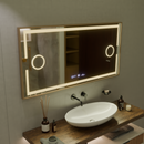 Oglinda LED Senzor MotionGlow Isabell cu functie Dezaburire Termometru Ceas 120x80 cm Lumina Calda/Rece/Neutra Dimabila, Rama Rose Gold Brushed, Colectia Marcello Funghi