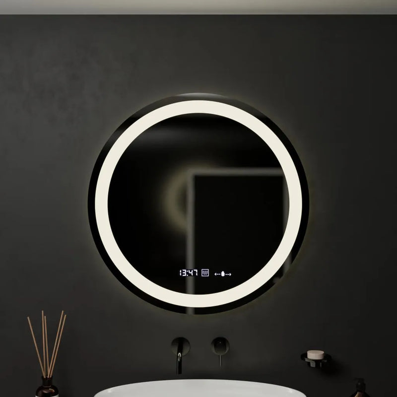 Oglinda LED Rotunda, 60cm, Celeste MotionGlow Marcello, Sistem Dezaburire, Ceas & Termometru, Dimabila