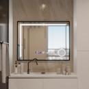 Oglinda LED Senzor MotionGlow Francesca 80x60 cm Lumina Calda/Rece/Neutra Dimabila Rama Negru Brushed Sistem Dezaburire Termometru Ceas Colectia Marcello Funghi