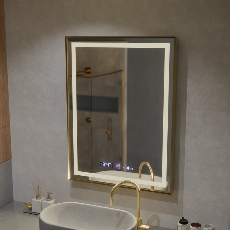 Oglinda LED Rectangulara, 60x80cm, Verite Royale Gold MotionGlow Marcello, Sistem Dezaburire, Ceas & Termometru, Dimabila
