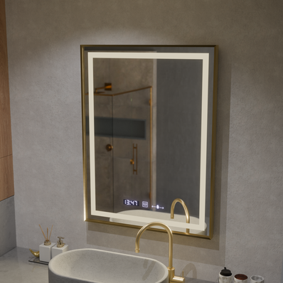Oglinda LED Rectangulara, 60x80cm, Verite Royale Gold MotionGlow Marcello, Sistem Dezaburire, Ceas & Termometru, Dimabila