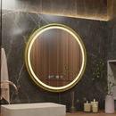 Oglinda LED Touch LUSSO, Sistem Dezaburire, Ceas si Temperatura, Diametru 60cm, Rama Auriu Brushed, Lumina Calda Rece Neutra 3000K/4500K/6000K, Dimabila