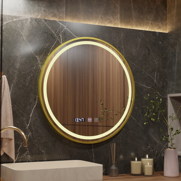 Oglinda LED Touch Friedrich Sistem Dezaburire, Ceas si Temperatura 70 cm Rama Auriu Brushed