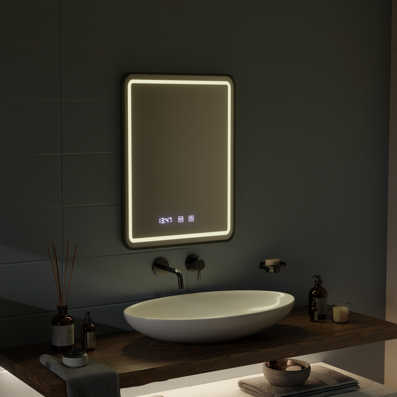 Oglinda LED Touch Gerhard Sistem Dezaburire, Ceas si Temperatura 60x80 cm Rama Negru Brushed