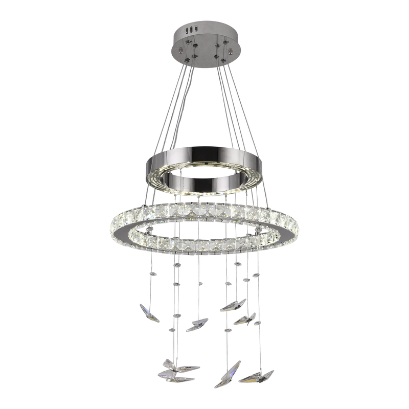 Lustra LED suspendata cu telecomanda si cristal 37W, 2 Cercuri, lumina Rece/Calda/Neutra, Dimabila, Crom Lucios, Inaltime Reglabila