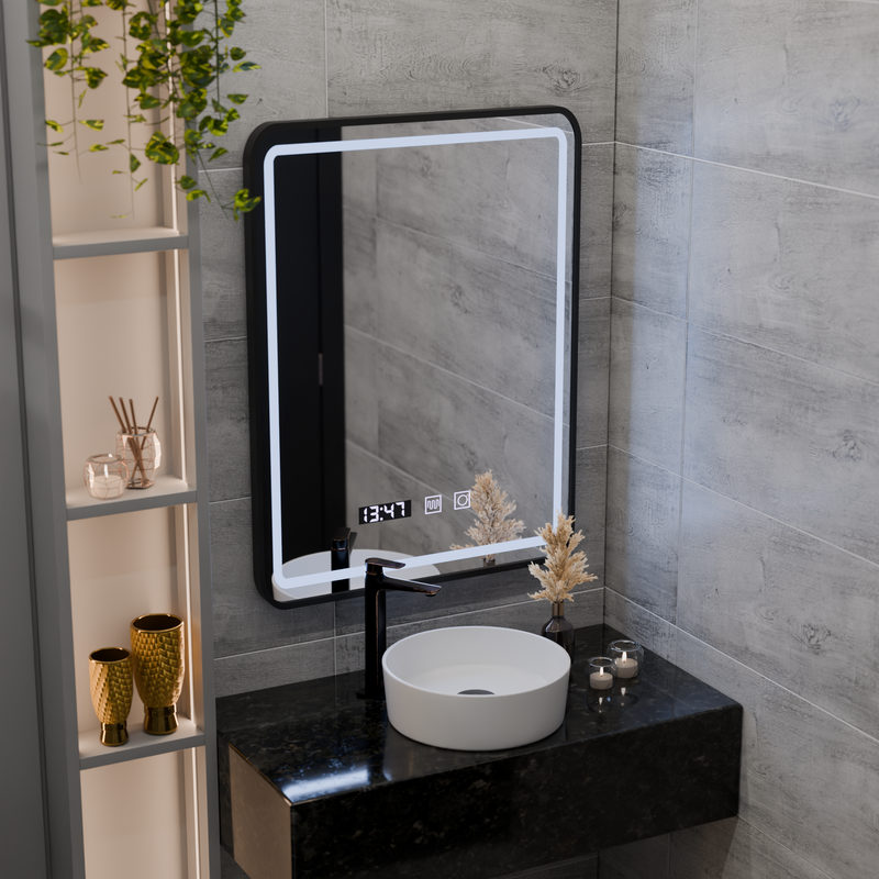 Oglinda LED Touch Karl Sistem Dezaburire, Ceas si Temperatura 50x70 cm Rama Negru Brushed