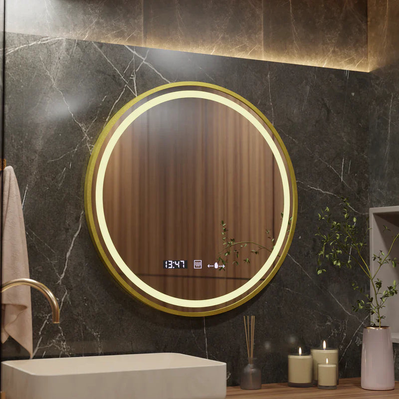 Oglinda LED Rotunda, 60cm, Celeste Royale Gold Eleve MotionGlow Marcello, Sistem Dezaburire, Ceas & Termometru, Dimabila, Curea Detasabila