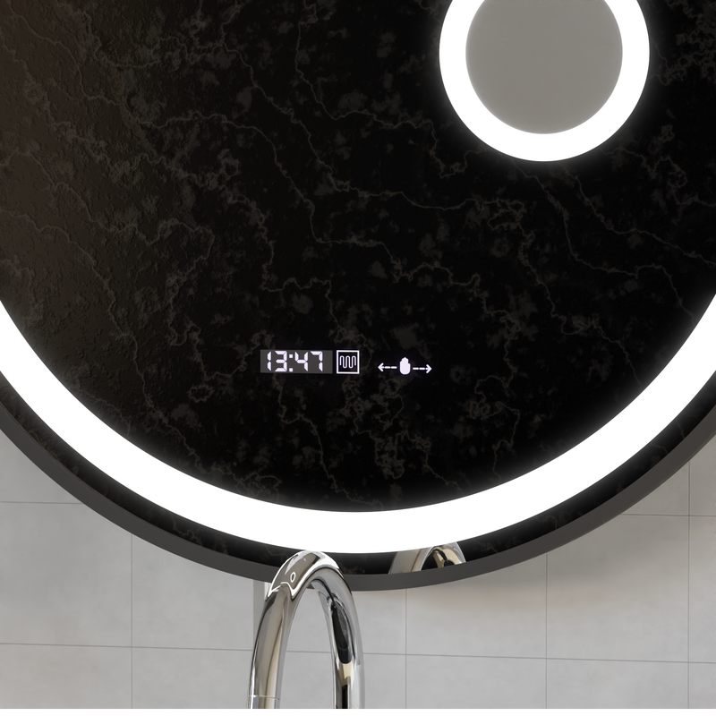 Oglinda LED Rotunda, 60cm, Micah Senzor MotionGlow Marcello, Sistem Dezaburire, Ceas & Termometru, Lupa Cosmetica, Dimabila